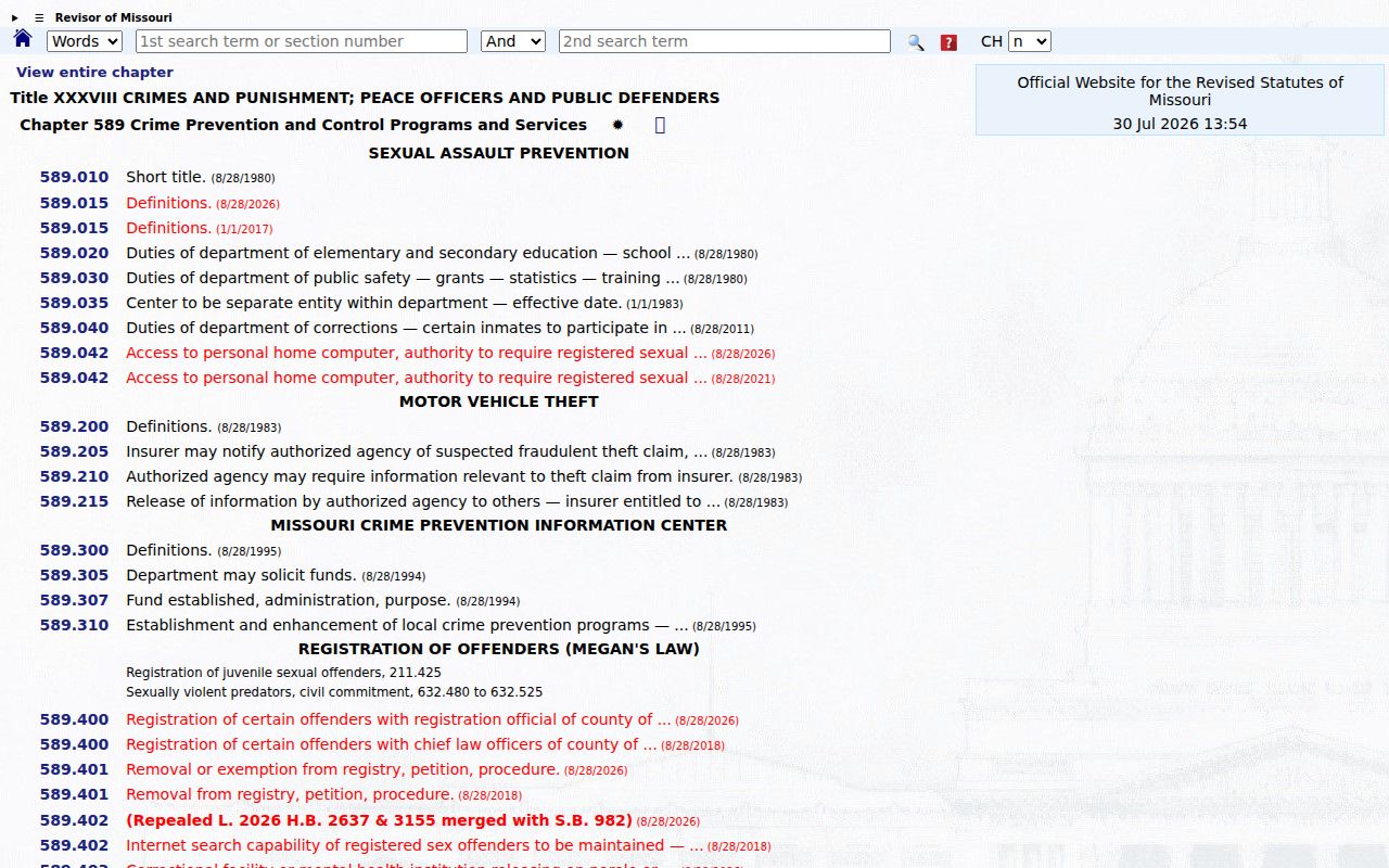 Missouri Chapter 589 law for Dade County sex offender registration
