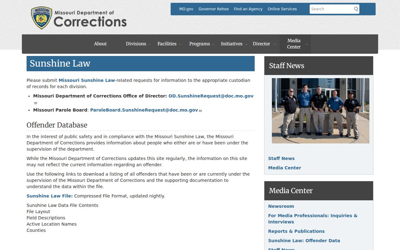 Missouri Department of Corrections Sunshine request information for Dade County records